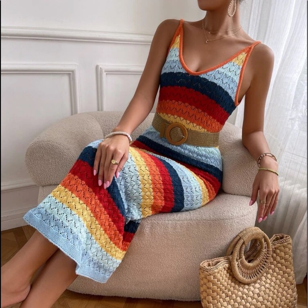 Boho Rainbow Color Block Knit Cami Dress - Picture 7 of 7